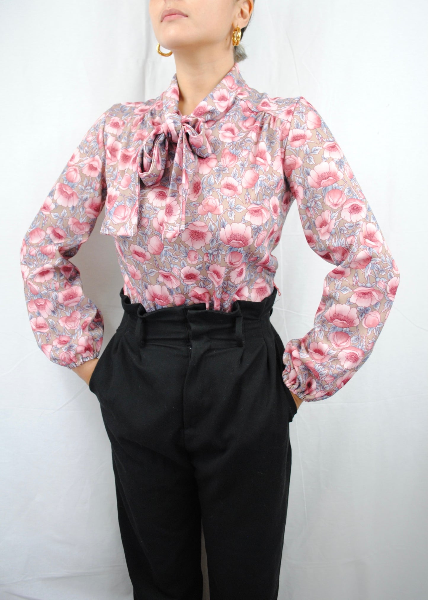 Vintage Floral Necktie Blouse